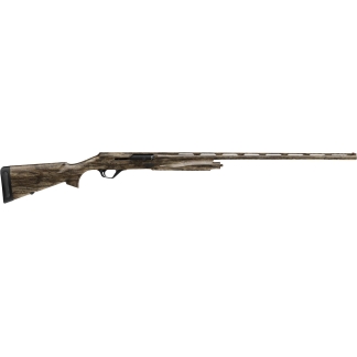 Side view of a long camouflage-pattern hunting rifle with a black stock butt and bolt-action receiver