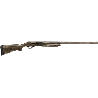 Camouflage-pattern hunting rifle with long barrel and wood-like stock, shown from the left side on a white background, ready for use in the field