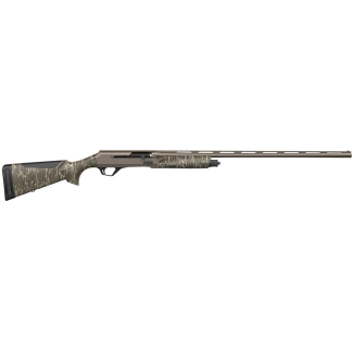 Camouflage-pattern hunting rifle with a long barrel and pistol-grip; bolt-action receiver and vented fore-end.