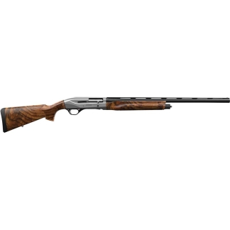 Bolt-action rifle with a walnut stock and long threaded black barrel.