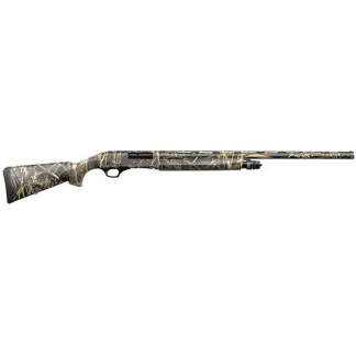Camouflage-pattern hunting rifle with a long barrel and synthetic stock, shown in profile.