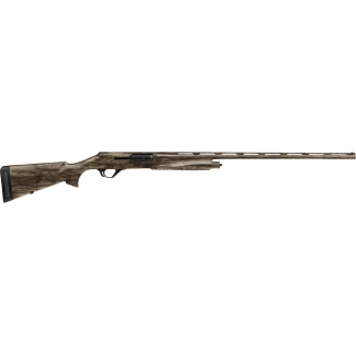 Camouflage-pattern hunting shotgun laid horizontally on a white background with a black stock butt plate.