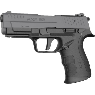 Side profile of a compact semi-automatic pistol labeled RXP 22 cal .22 LR in gray and black finish.