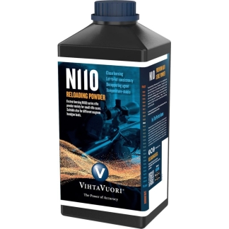 Bottle of VihtaVuori N110 reloading powder with a blue cap; label reads 'N110 Reloading Powder'.