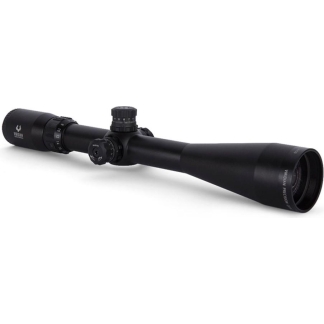 Black rifle scope with adjustable elevation and windage turrets for long-range aiming.