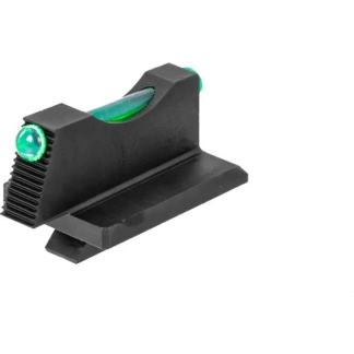 Green fiber-optic front sight for a firearm with a glowing green dot on a black base and mounting base surface