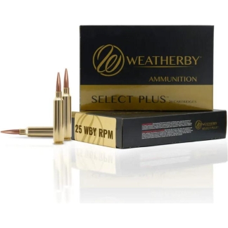 Black and gold Weatherby Select Plus ammunition box with three brass cartridges standing upright beside it on a white background.