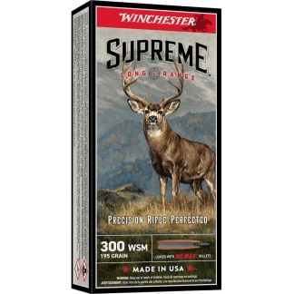 Winchester Supreme Long Range 300 WSM ammunition box with a deer illustration on a mountainous backdrop.