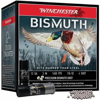 Box of Winchester Bismuth shotgun shots with a flying duck illustration and shells nearby