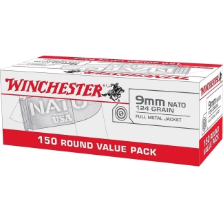 Box of Winchester 9mm NATO ammo: 124 grain FMJ, 150-round value pack