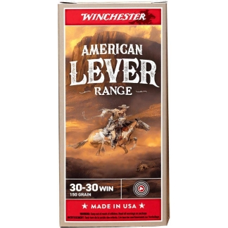 Box of Winchester American Lever Range rifle ammunition, 30-30 Win, 150 grain, Made in USA with western artwork.