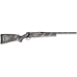 Camouflage-pattern bolt-action hunting rifle with a long barrel laid horizontally