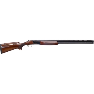 Over-under double-barrel shotgun with a glossy walnut stock and vented rib, shown horizontally.