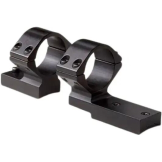 Two black scope rings mounted on a rail base, for attaching a rifle scope