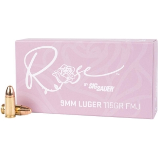 Pink Rose by Sig Sauer ammunition box, 9mm Luger 115gr FMJ, with two copper bullets beside it.