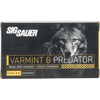 Box of SIG Sauer Varmint & Predator ammunition with a wolf image and yellow accents on a dark background