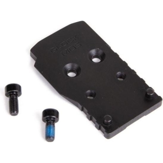 Black rectangular mounting plate with multiple holes and two screws beside it, used to attach accessories