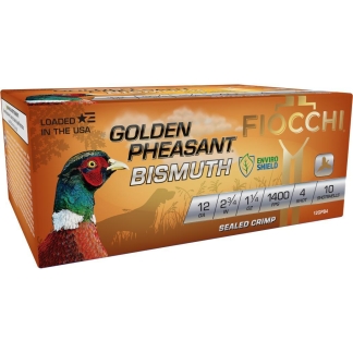 Box of Fiocchi Golden Pheasant BISMUTH shotgun shells, 12 GA, 2 3/4 in, 1400 FPS, sealed crimp, 10 shells with an orange label and pheasant image on the front