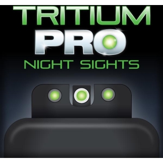 Logo for Tritium Pro Night Sights featuring a handgun sight with green illuminated dots or reticles in a dark background