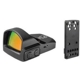 Compact black red-dot reflex sight with rainbow-tinted lens, shown with a separate black mounting rail/adapter beside it.