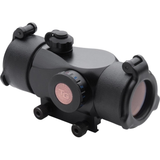 Black riflescope with adjustment dials and side mounts on a mounting rail, angled view showing lenses and turrets