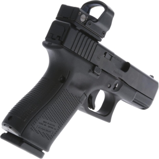 Black semi-automatic handgun with a mounted optic on top, shown at an angle.