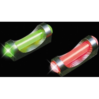 Two small glass capsules with glowing green and red cores held by metal clamps against a black background.