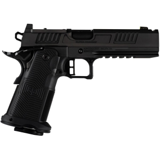 Black semi-automatic pistol shown in side profile with an ergonomic, textured grip and tactical slide serrations.
