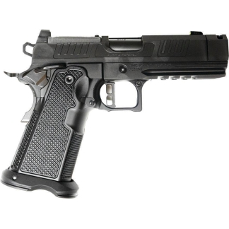 Side view of a black semi-automatic pistol with a textured grip and accessory rail under the barrel
