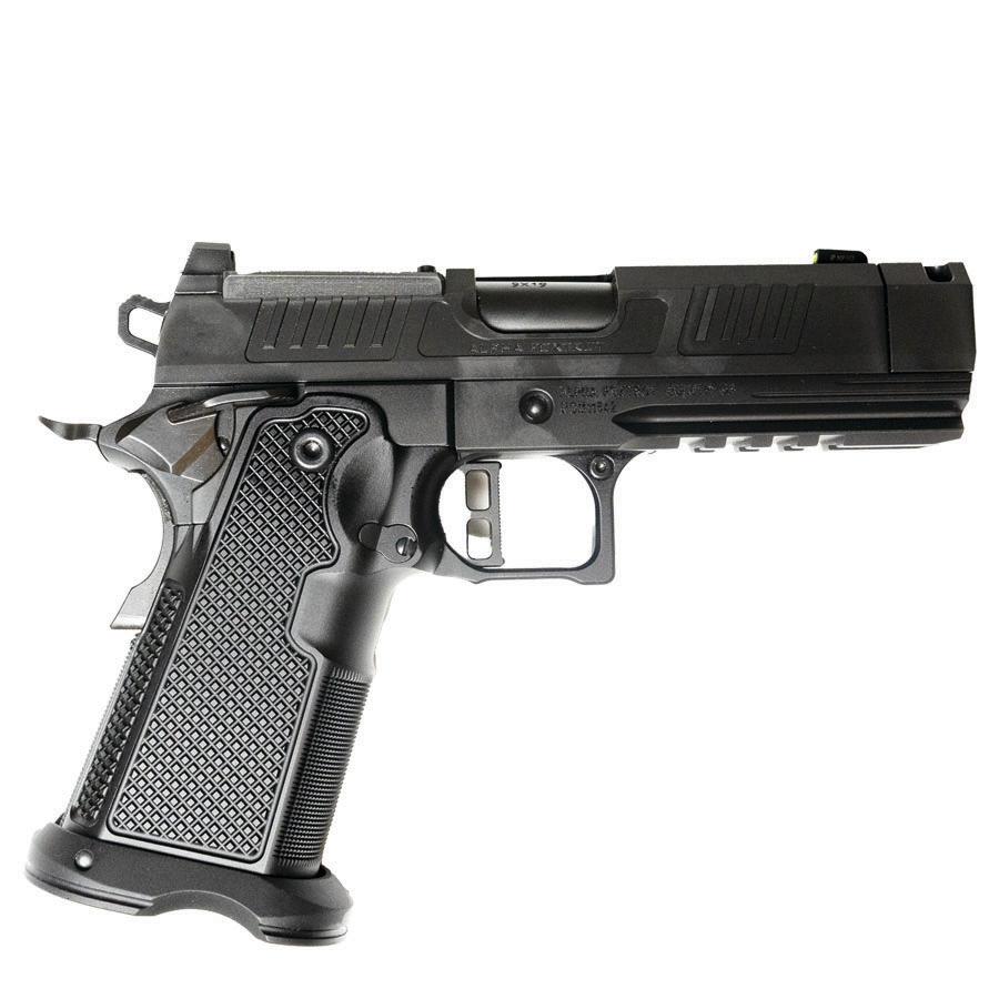 Side view of a black semi-automatic pistol with a textured grip and accessory rail under the barrel