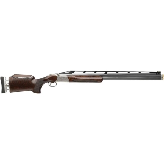 Side view of a polished double-barreled shotgun with a wooden stock and fore-end, and a ventilated rib along the barrels.