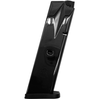 Black handgun magazine standing upright on a flat base.