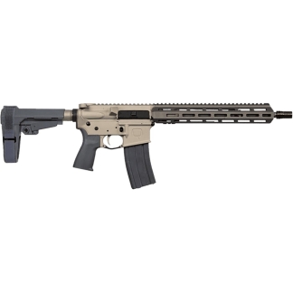 Semi-automatic rifle in profile: tan receiver, black stock and pistol grip, with a long rail handguard and 30-round magazine.