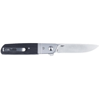 Folding knife with a dark textured handle and extended silver blade in the open position