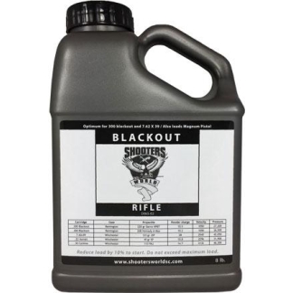 Gray plastic 8 lb bottle of 'Blackout' rifle powder by Shooters World, with black cap and white label on the front.
