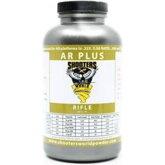 Gray bottle with black cap labeled 'AR Plus' rifle powder from Shooters World.