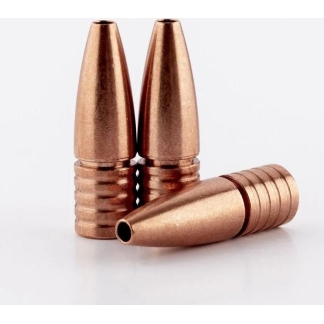 Three copper-colored bullets standing upright with one lying on its side on a white background