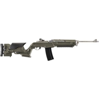 Olive drab semi-automatic rifle shown in profile with adjustable buttstock and a curved magazine