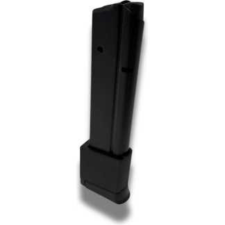 Black handgun magazine with a ribbed baseplate, standing upright on a white background.