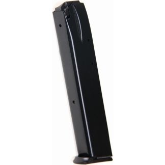 Black handgun magazine shown from the side at a slight angle, with a flat base plate and small holes along its body.
