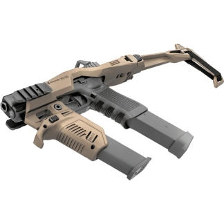 Futuristic tan and gray toy rifle with dual foregrips and a folding stock.