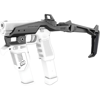White sci‑fi toy blaster with gray frame and folding stock, viewed from the side.