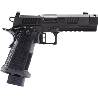Black semi-automatic pistol shown in profile with textured grip, rail, and visible magazine baseplate against a white background