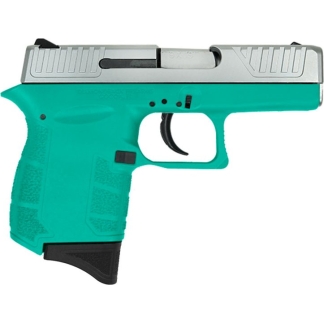 Teal toy pistol with a silver slide and black trigger, viewed from the side