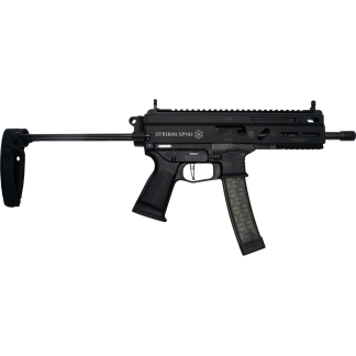 Black semi-automatic rifle with a collapsible stock, rail system, and curved magazine.