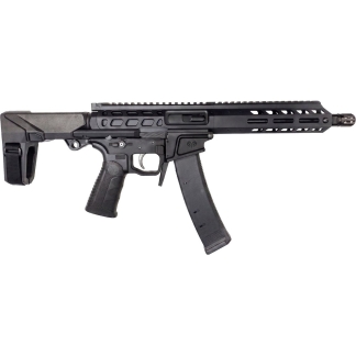 Black semi-automatic rifle with adjustable stock, pistol grip, and long quad-rail handguard with a curved magazine attached