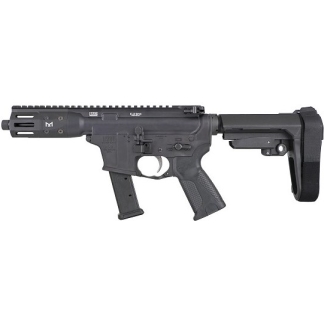 Black tactical rifle with a folding stock, pistol grip, and top Picatinny rail viewed in profile.
