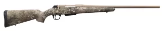 Camouflage-pattern hunting rifle with a long barrel shown in profile facing right.