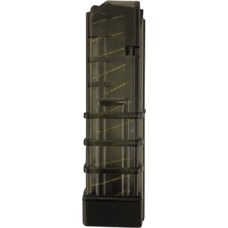 Transparent firearm magazine loaded with visible rounds.