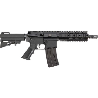 Black AR-style rifle with adjustable stock, pistol grip, and quad-rail forearm
